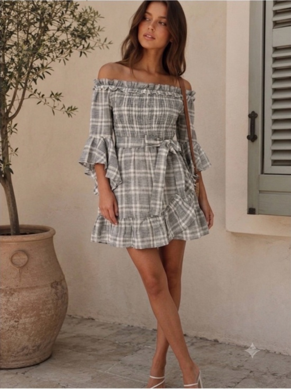 DNA Black White Plaid Off the Shoulder Smocked Mini Dress L (Jrs) Preppy